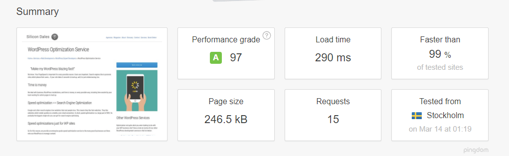 Pingdom speed test results for this page, March 2018