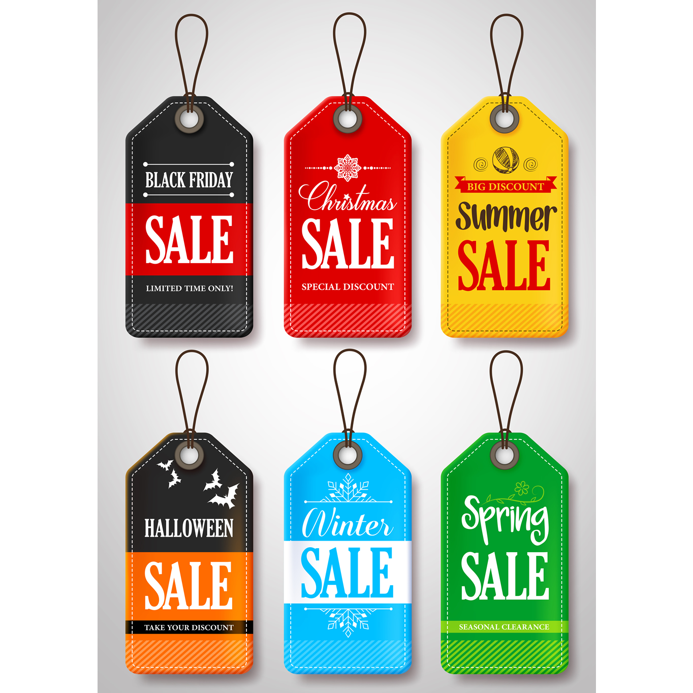 Different sales tags for Christmas, Winter, Summer, Spring, Halloween, Black Friday