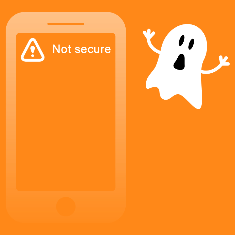 a frightened ghost looking at an insecure website warning
