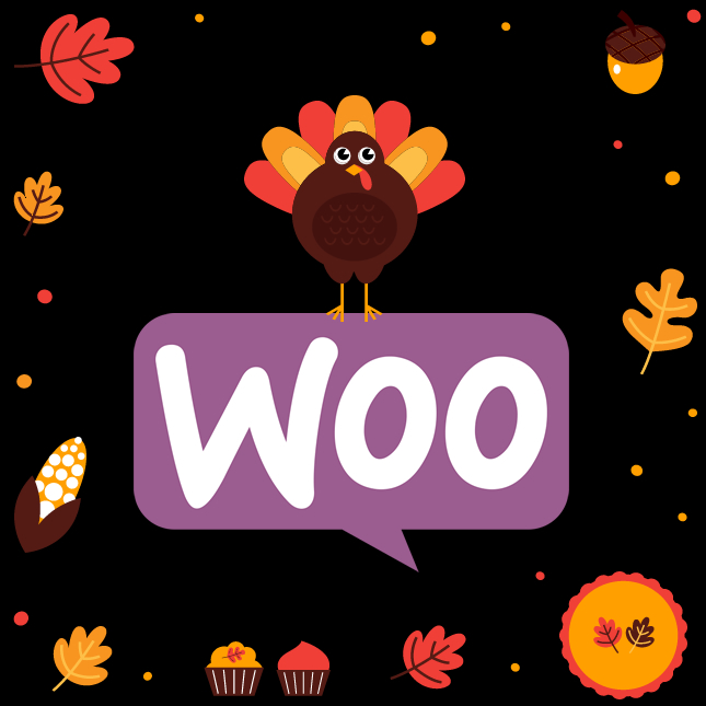 WooCommerce celebrating Thanksgiving with a turkey and pumpkin pie