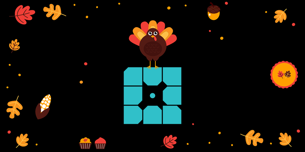 a cartoon turkey standing on top of the wp engine logo surrounded by thanksgiving paraphernalia including corn, fall leaves, pumpkin pie, acorns and cupcakes on black background