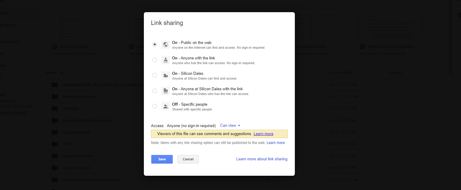 Google Drive - public on the web selection option