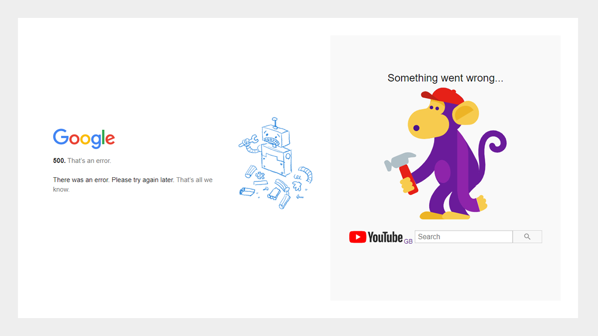 Google and YouTube down messages
