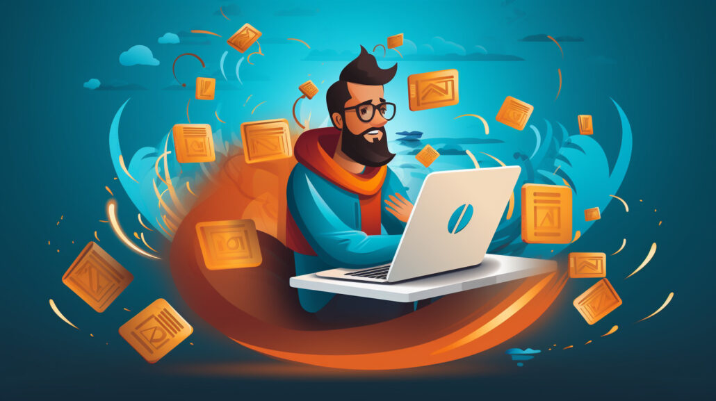 man with computer floating in a stylised background