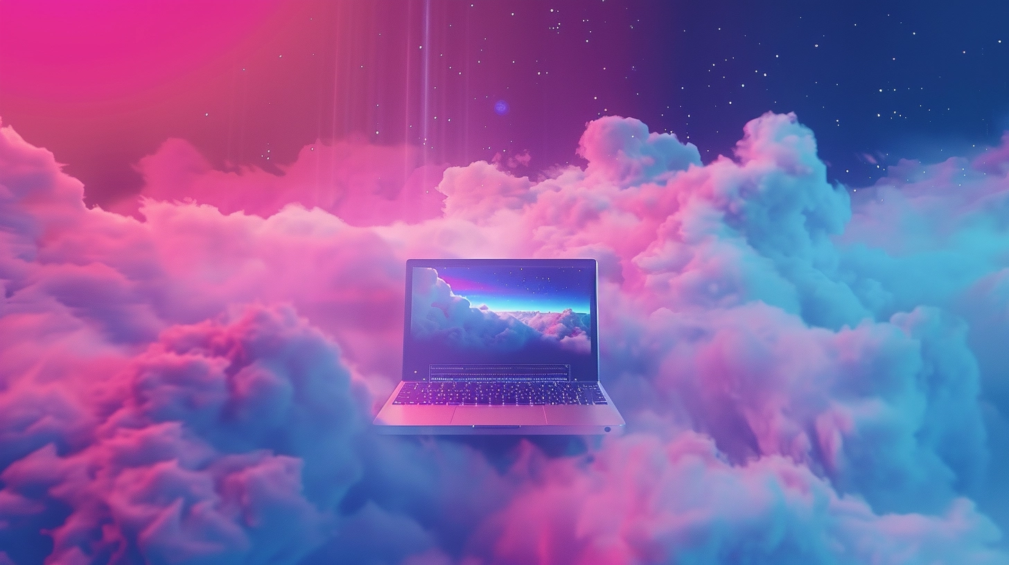 A laptop in the clouds in a purple and blue sky - just a futuristic image to act as a nice arty header pic, decorative in nature